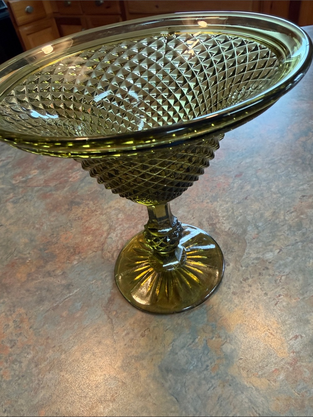 Vintage Jeannette Avocado green diamond point footed compote dessert bowl.